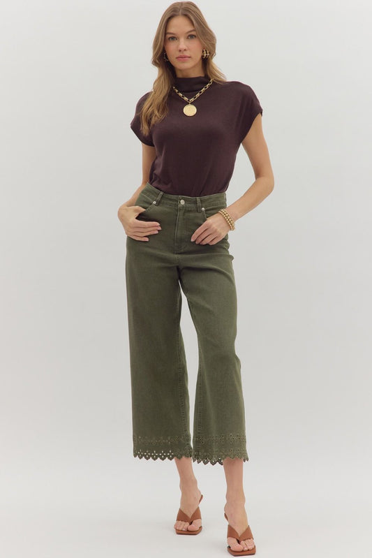 P26396 Floral Embroidered Border Hem Pants
