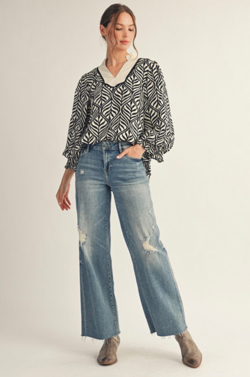 H50038 3/4 Sleeve Boho Leaf Print Top