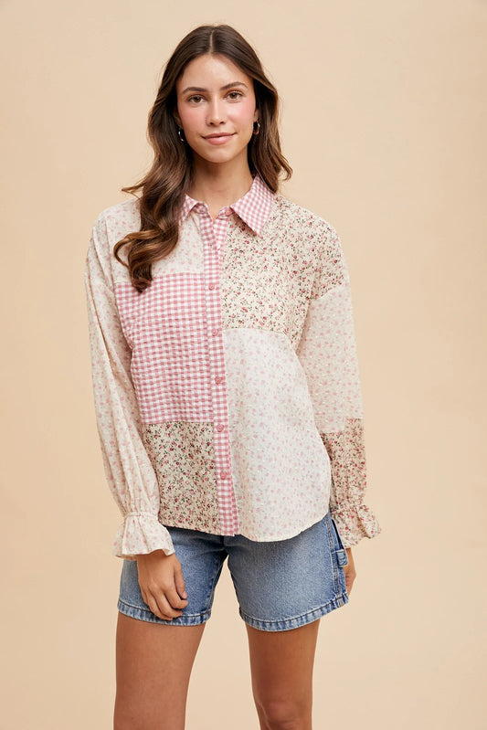 AT3070S Multi Print Colorblock Button Down Top