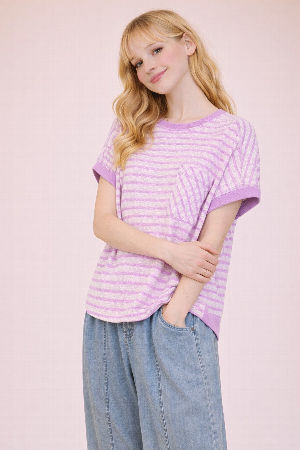 NT12605 Open Back Striped Textured Top