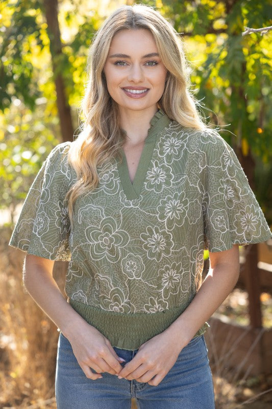 35989 Smocked and Ruffle Detail Floral Embroidered Top