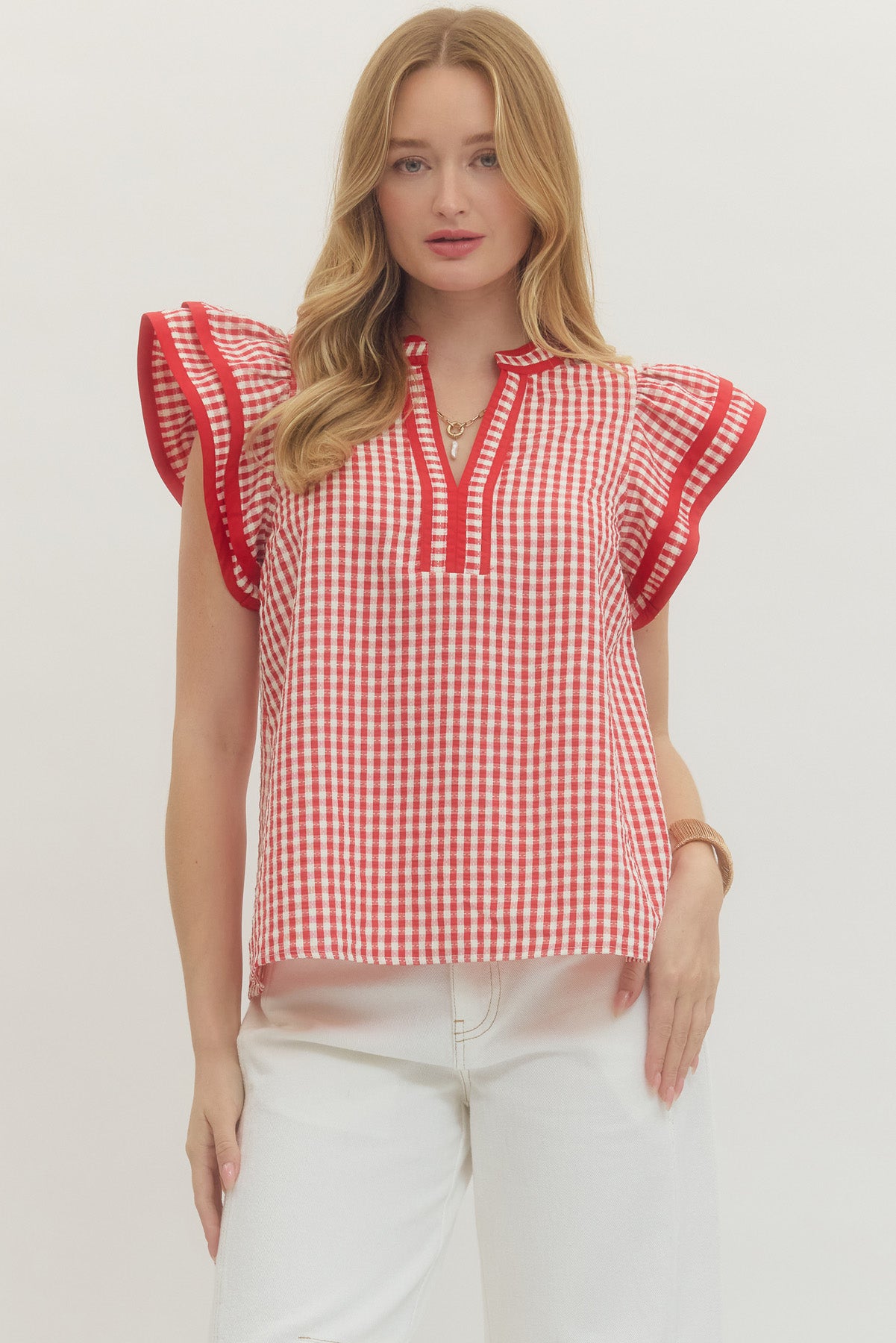 T29000 Gingham Flutter Sleeve Top