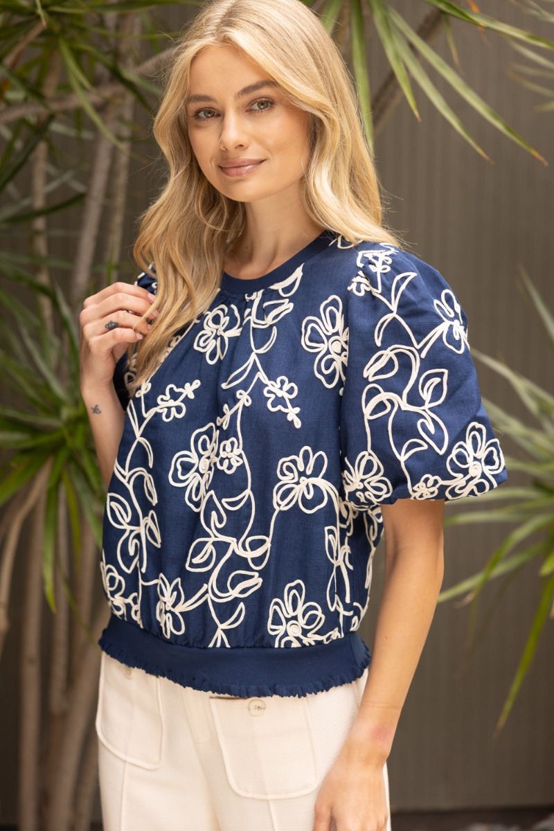 35867 Floral Embroidered Short Bubble Sleeve Top
