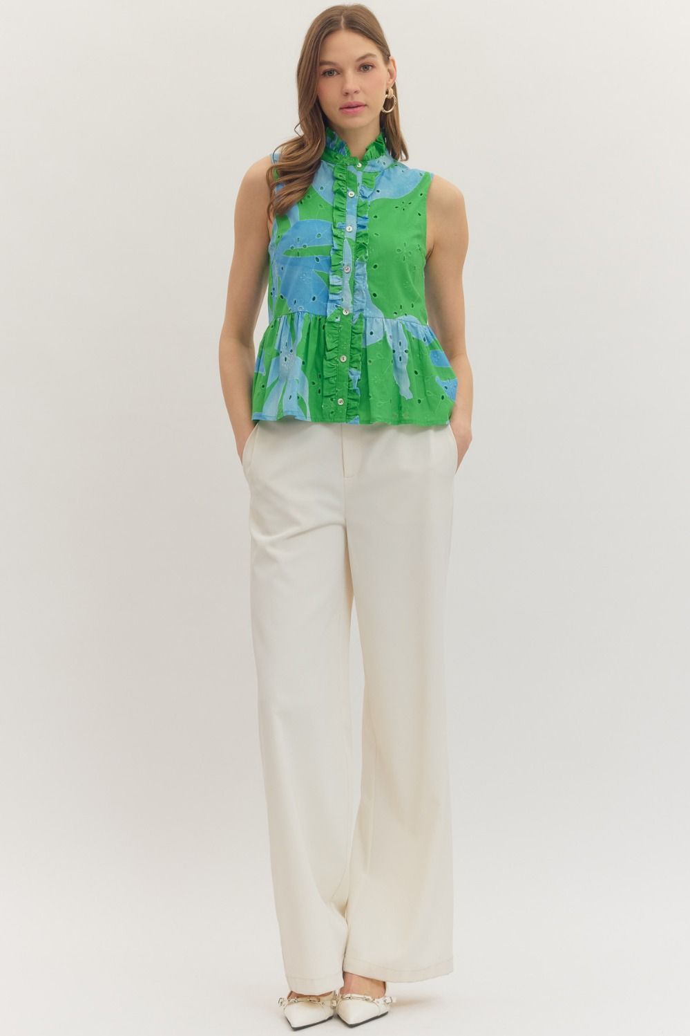 T30890 Botanical Print Sleeveless Peplum Top