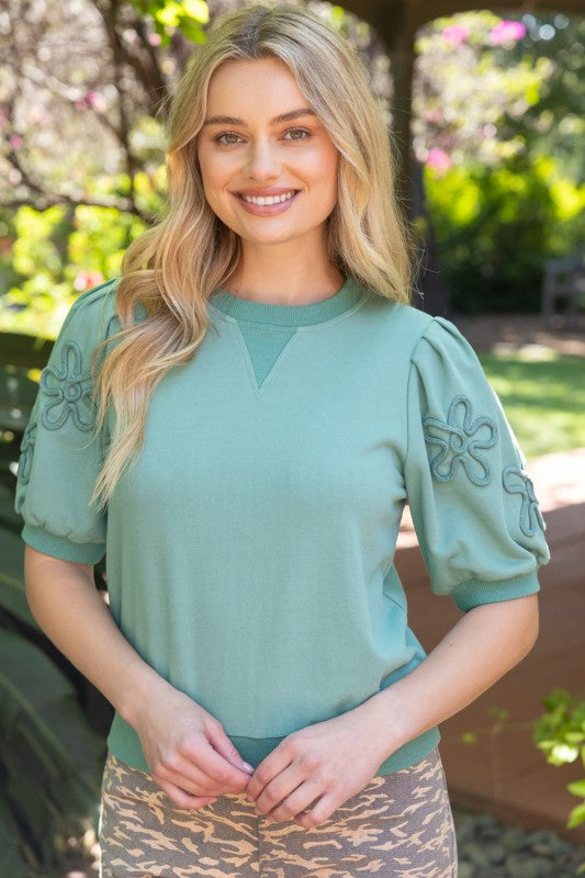 36879 Floral Embroidered Sleeve Top