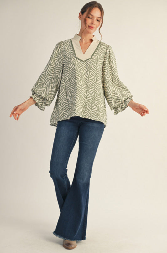 H50038 3/4 Sleeve Boho Leaf Print Top