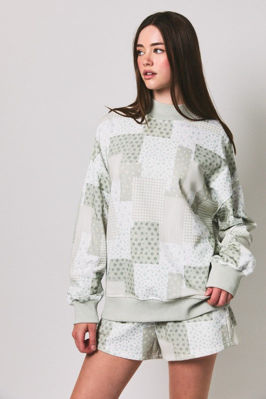 IT6415 Mock Neck Patchwork Print Sweatshirt