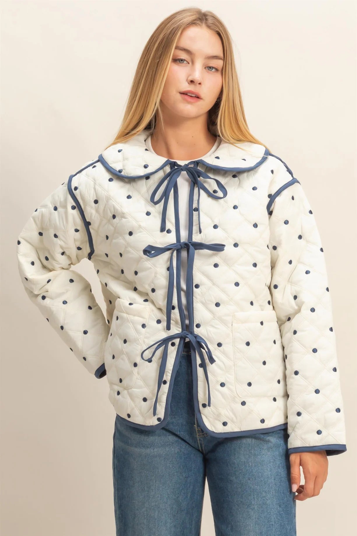 HF26A086 Polkadot Quilted Front Tie Jacket
