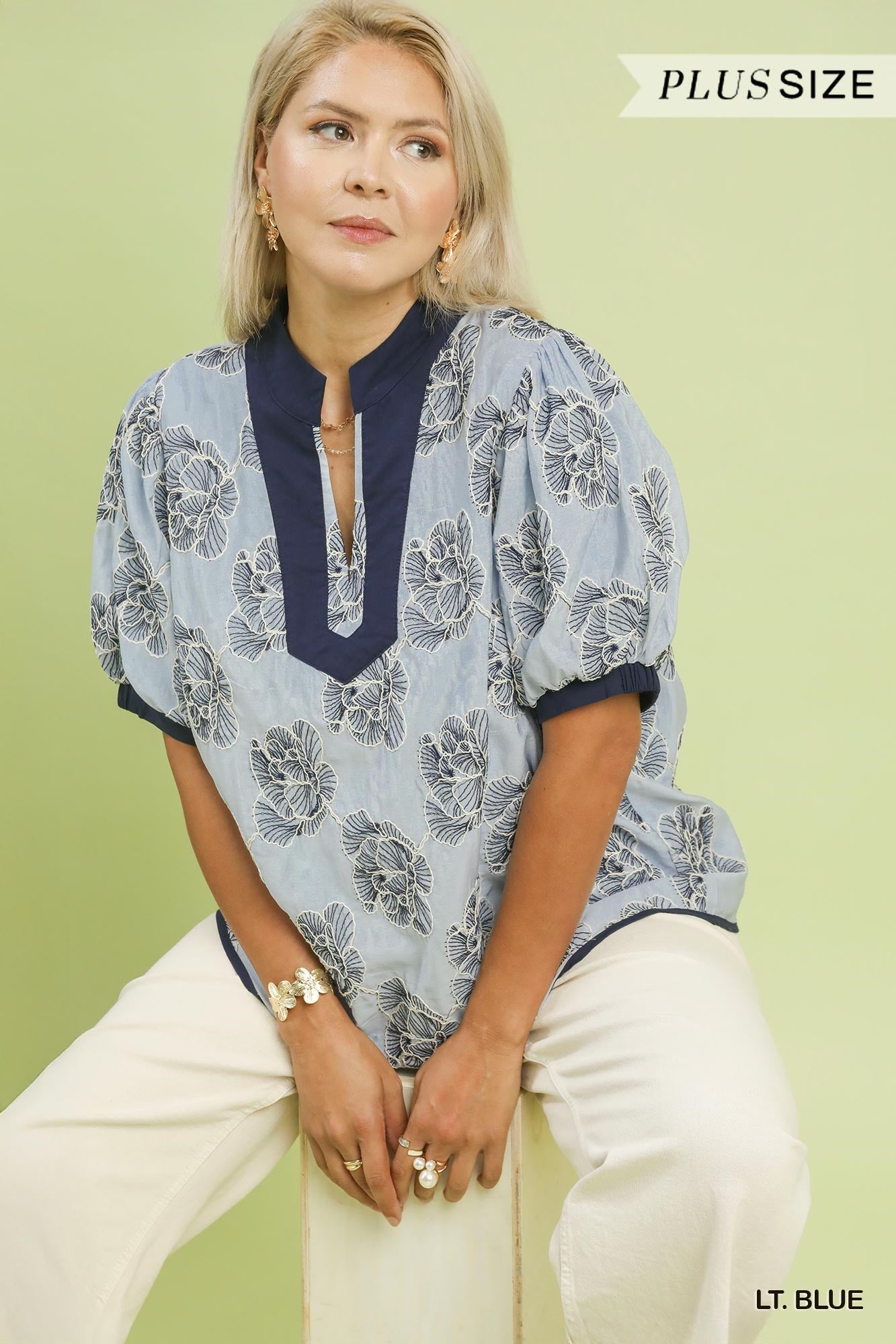 WK1507 Curvy Embroidered V-Neck Top