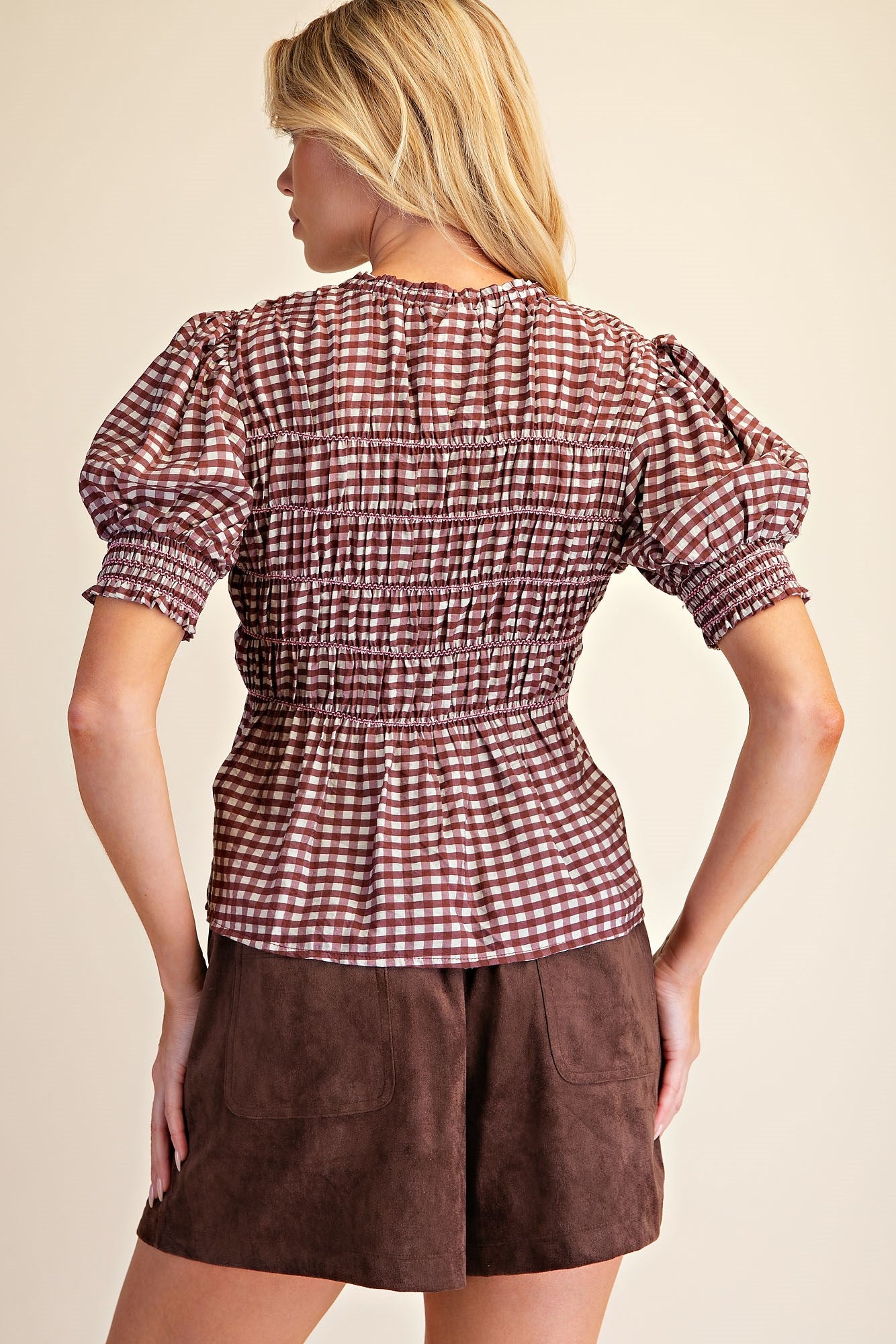 T9306 Plaid Smocked Puff Sleeve Top