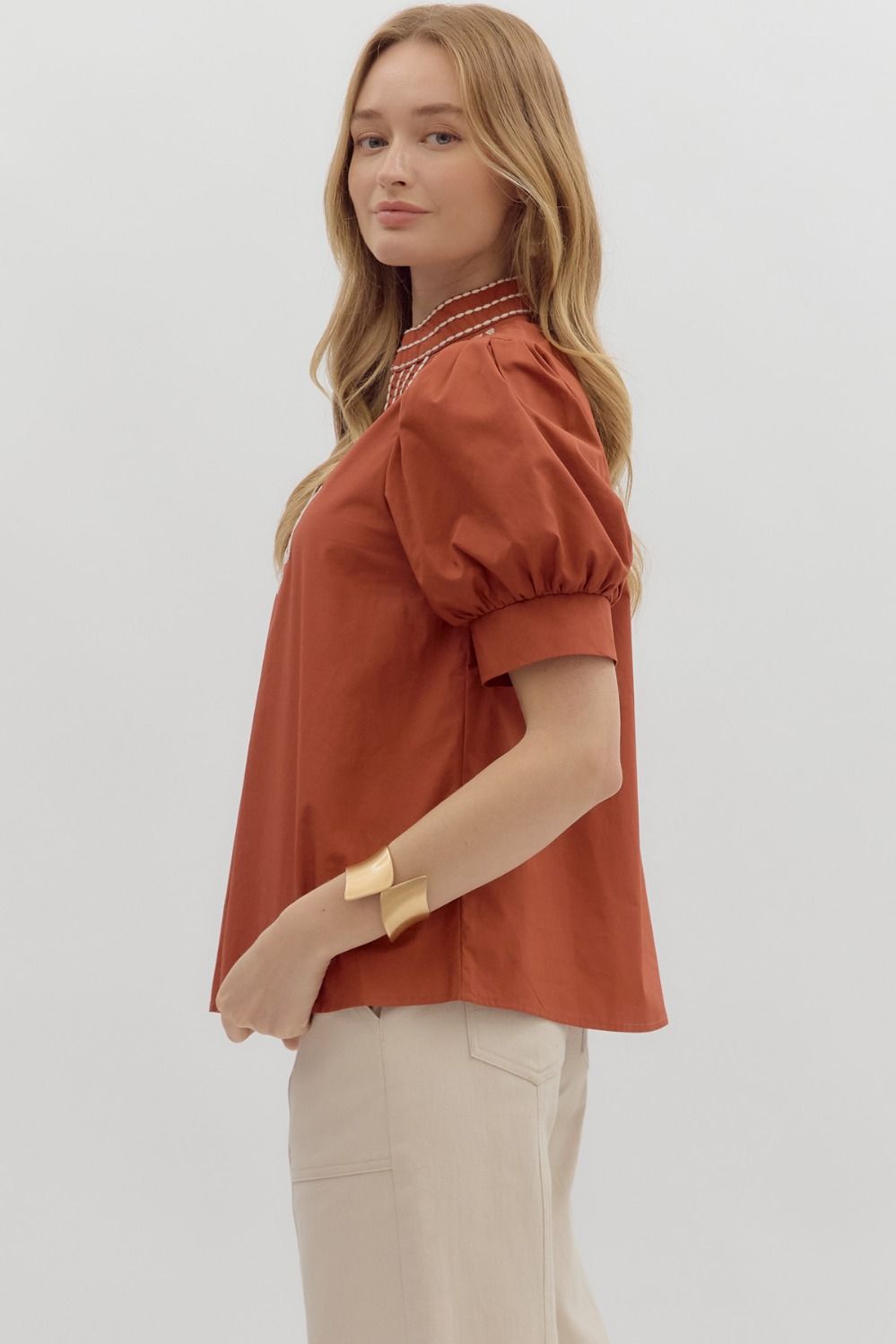 T27464 Solid Puff Sleeve Top