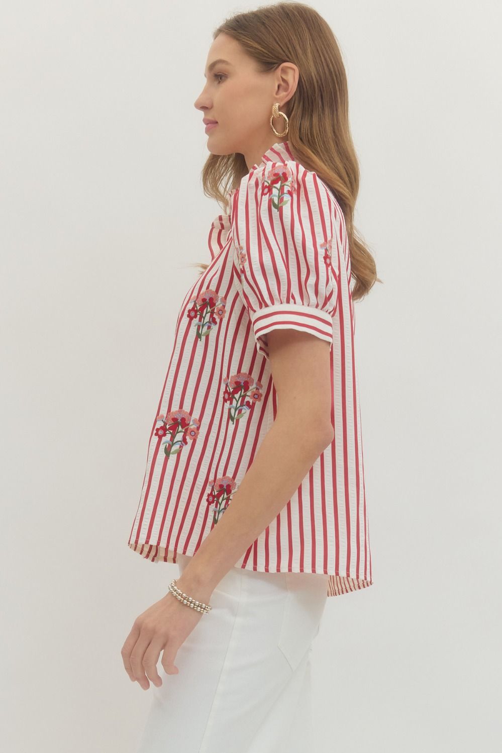 T29683 Striped Floral Embroidered Top