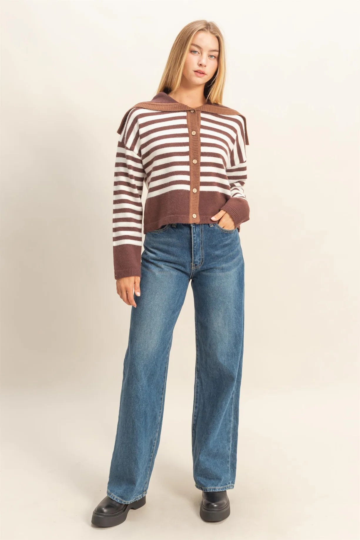 HF25E587 Striped Button-Up Sailor Collar Sweater