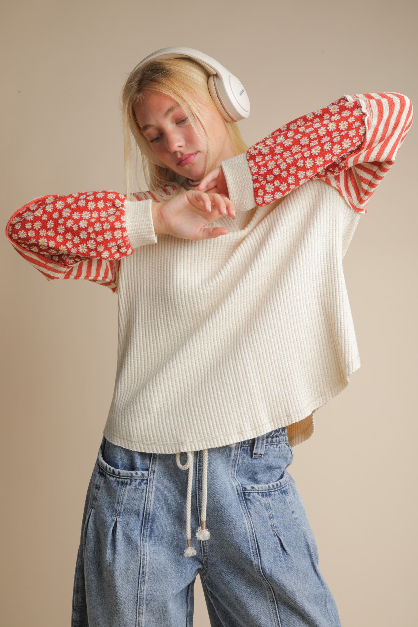 NT12307 Oversized Floral and Stripe Top