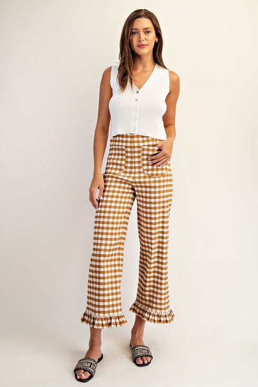 PK14573 Gingham Ruffle Trim Straight Leg Pants