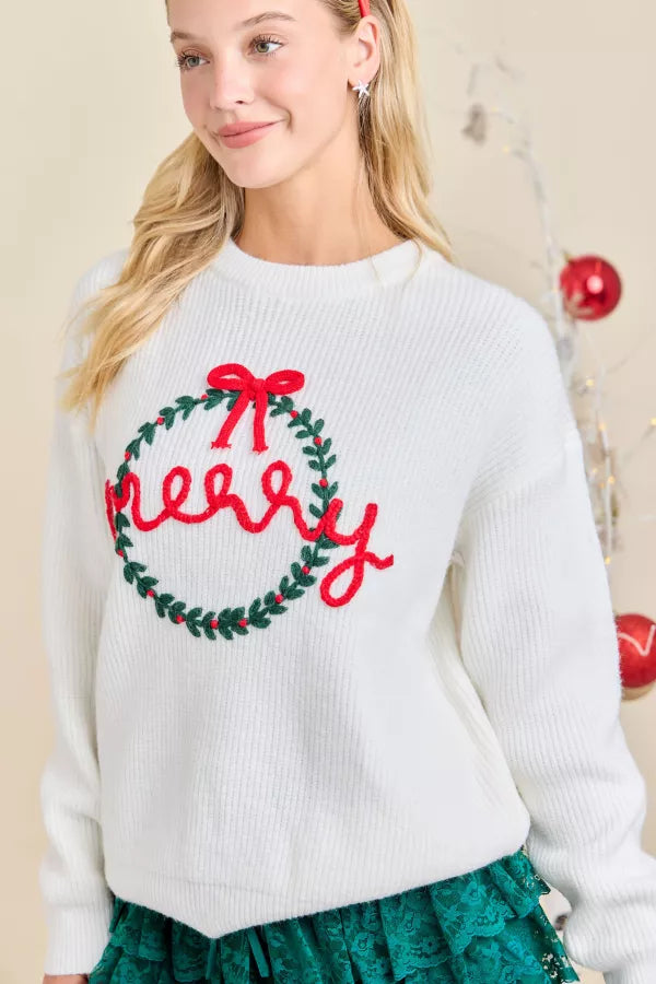CL21050 Merry Embroidered Wreath Sweater