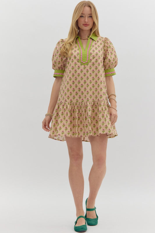D27511 Floral Print Bubble Sleeve Dress