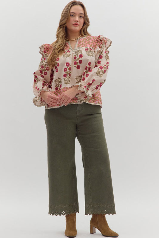 T28295P Curvy Multi-Print Long Sleeve Top
