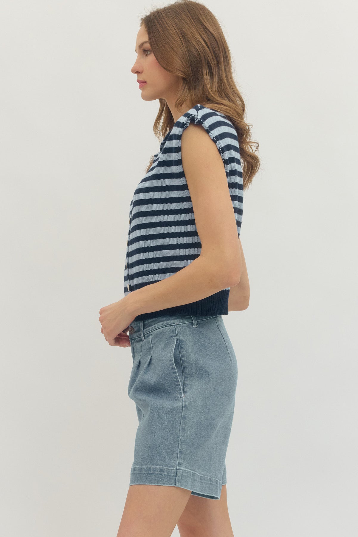 T30331 Stripe Button Up Sweater Top