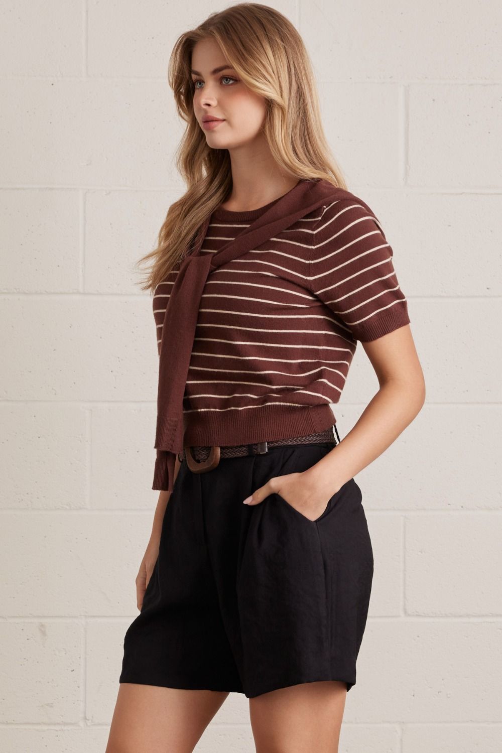 T31923 Scarf Detail Striped Short Sleeve Top