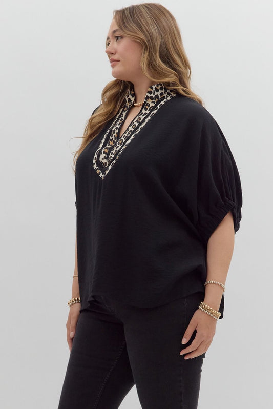 T27371P Curvy Solid Leopard Accented Top