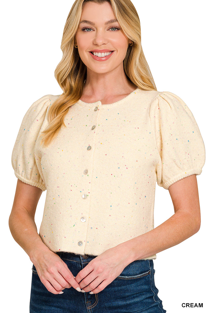 TW-2728Y Puff Sleeve Cardigan Sweater Top