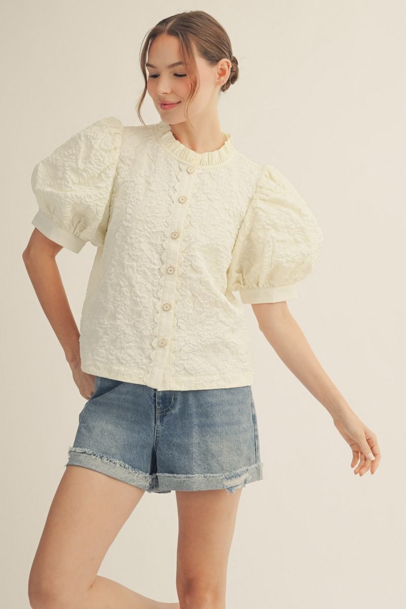 B14031 Button Down Floral Jacquard Top