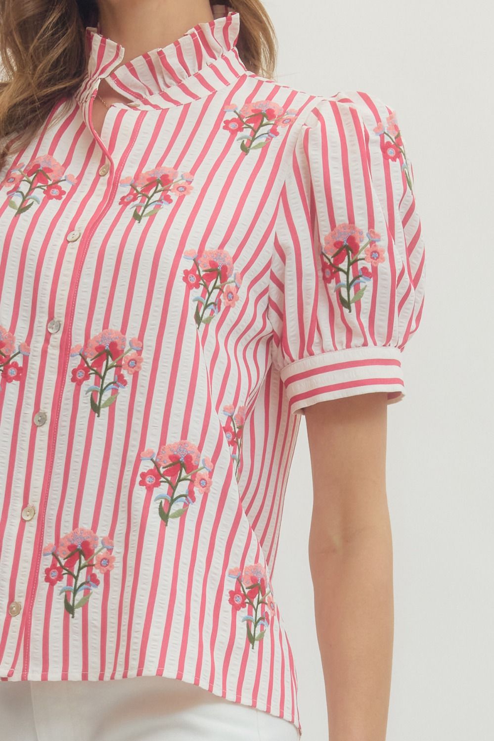 T29683 Striped Floral Embroidered Top