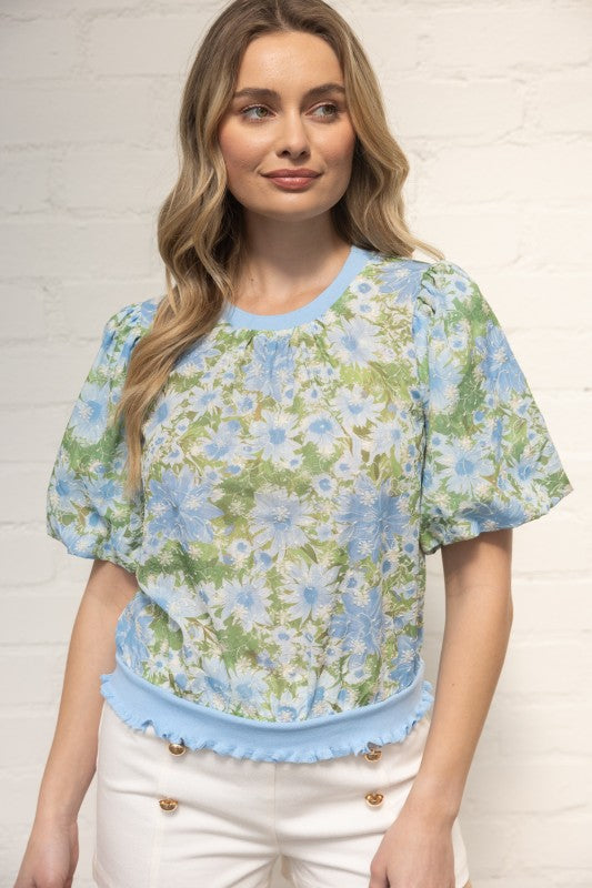 36737 Floral Print Embroidered Top