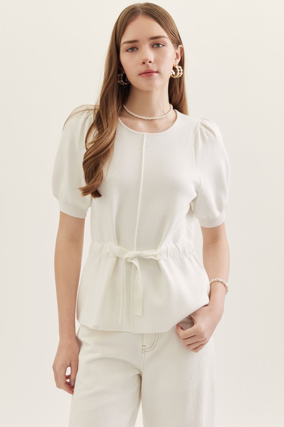 T30303 Solid Self Tie Waist Detail Top