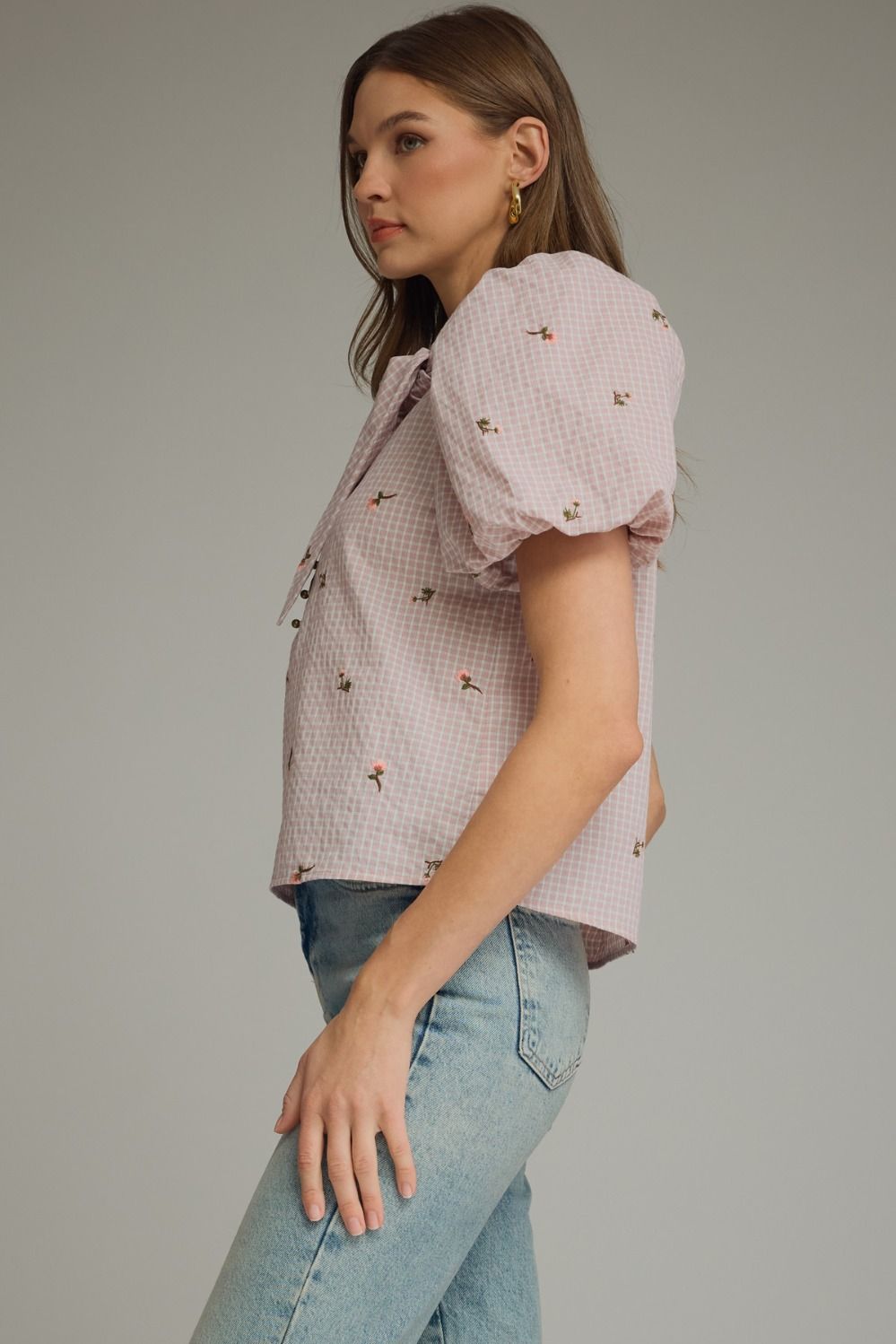 T32554 Checkered Floral Embroidered Top