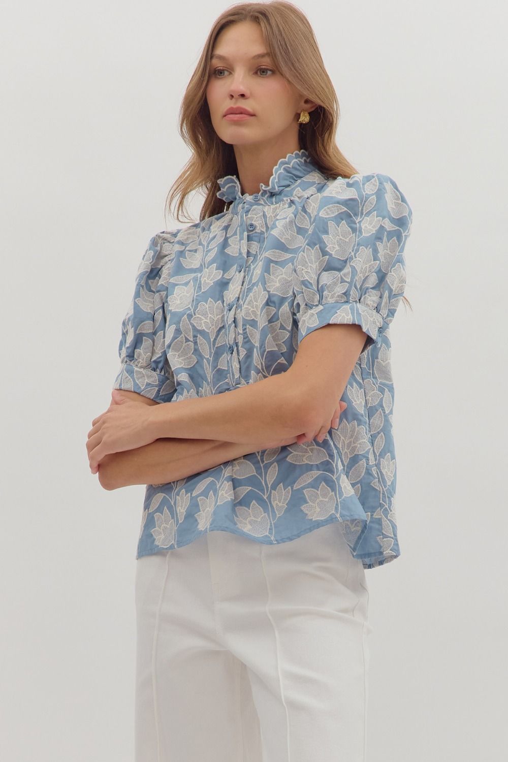 T28158 Botanical Embroidery Puff Sleeve Top