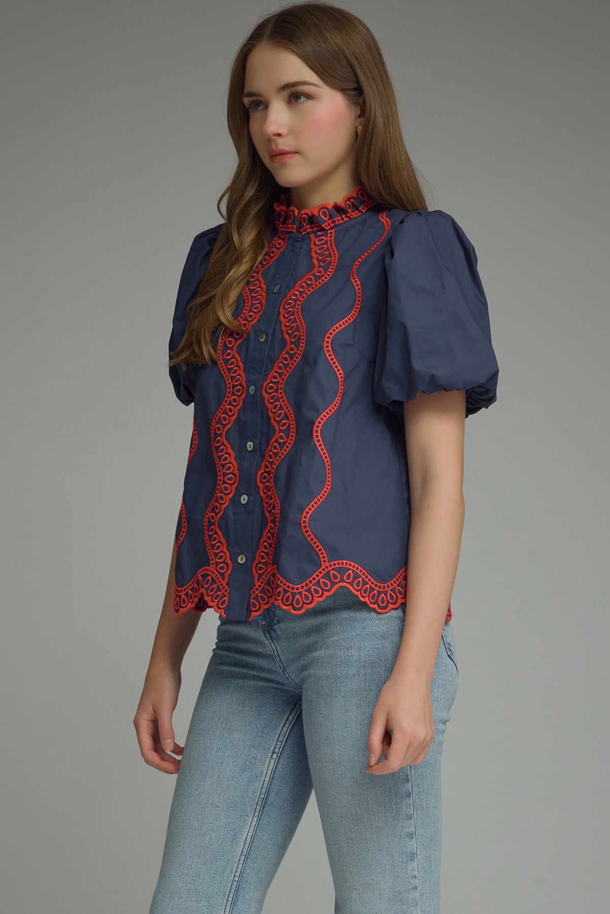 T31792 Embroidered Scallop Trim Detail Top