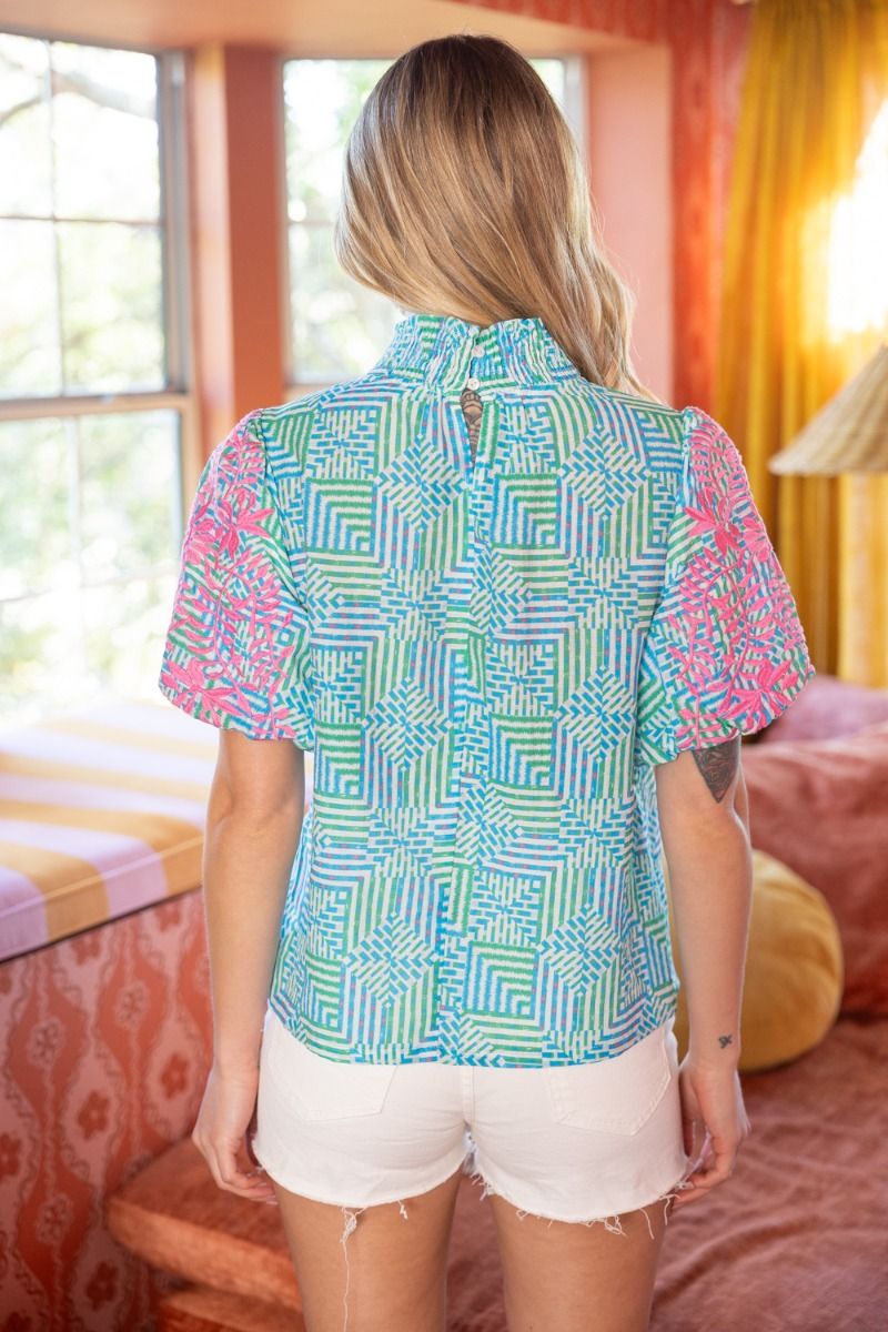 36395 Smocked Mock Neck Embroidered Sleeve Top