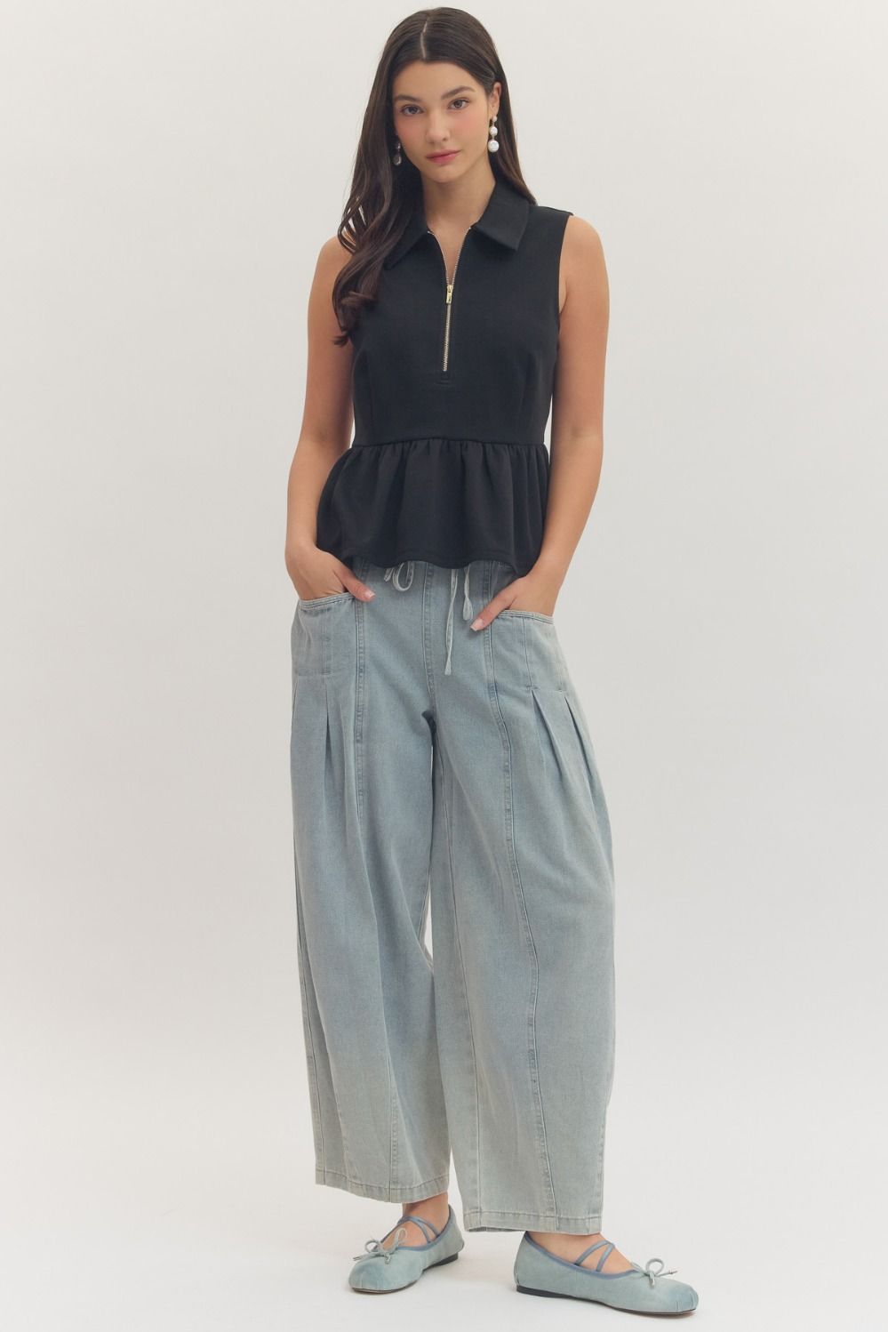 T30057 Solid Sleeveless Peplum Top