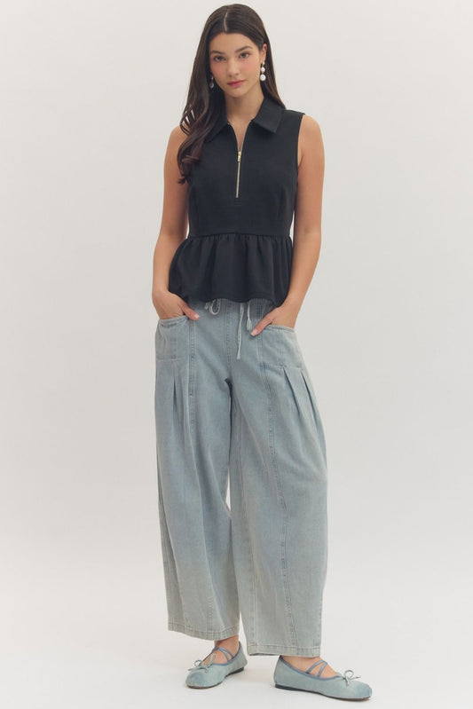 T30057 Solid Sleeveless Peplum Top