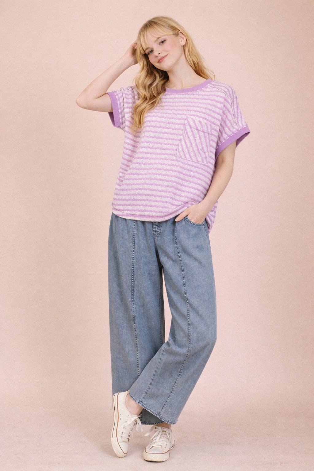 NT12605 Open Back Striped Textured Top
