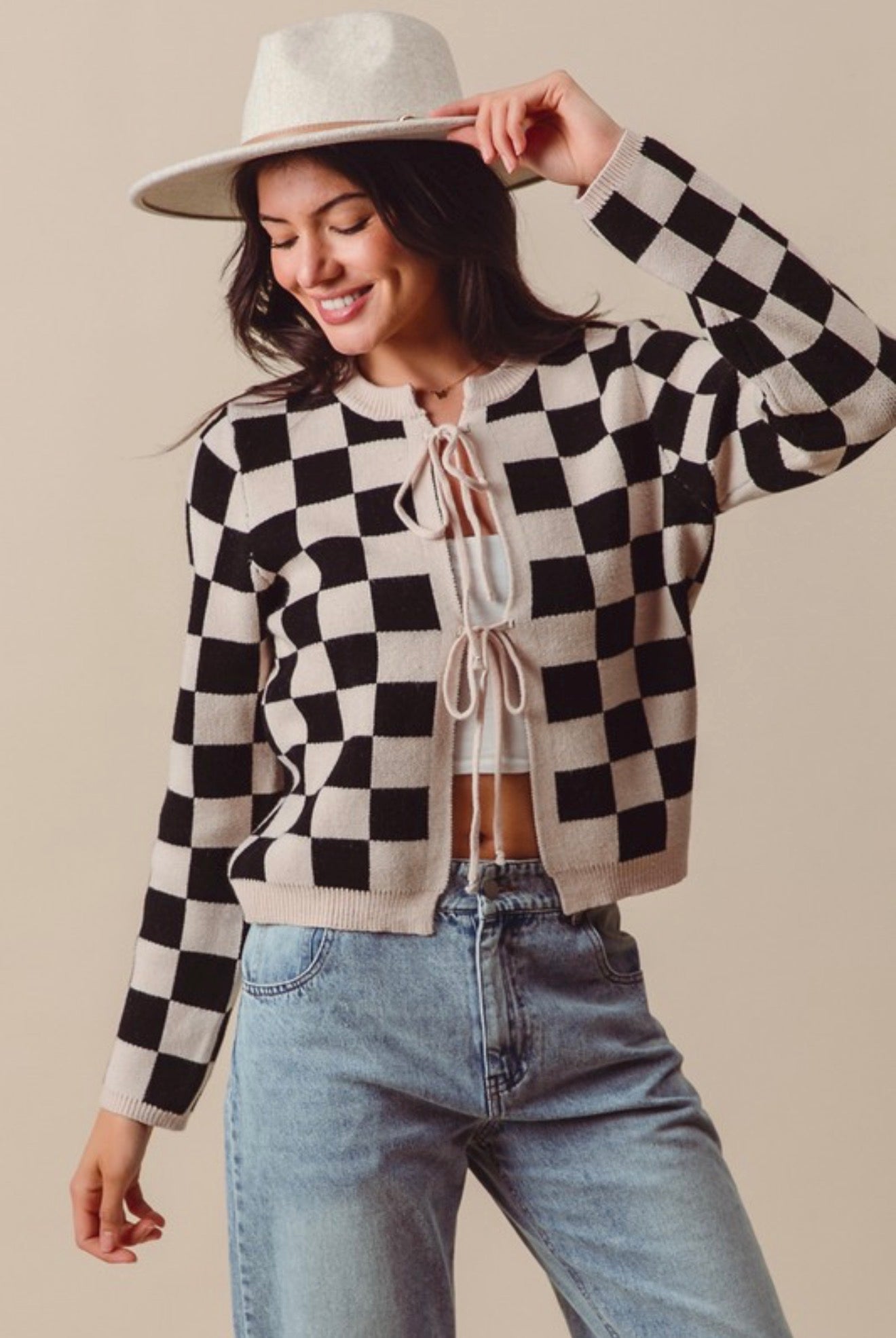 ST2146-01 Front Tie Checkered Sweater