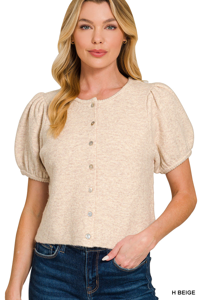 TW-2728Y Puff Sleeve Cardigan Sweater Top