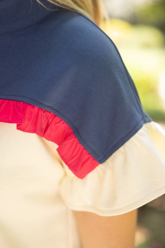 36748 Half Zip Ruffled Color Block Top