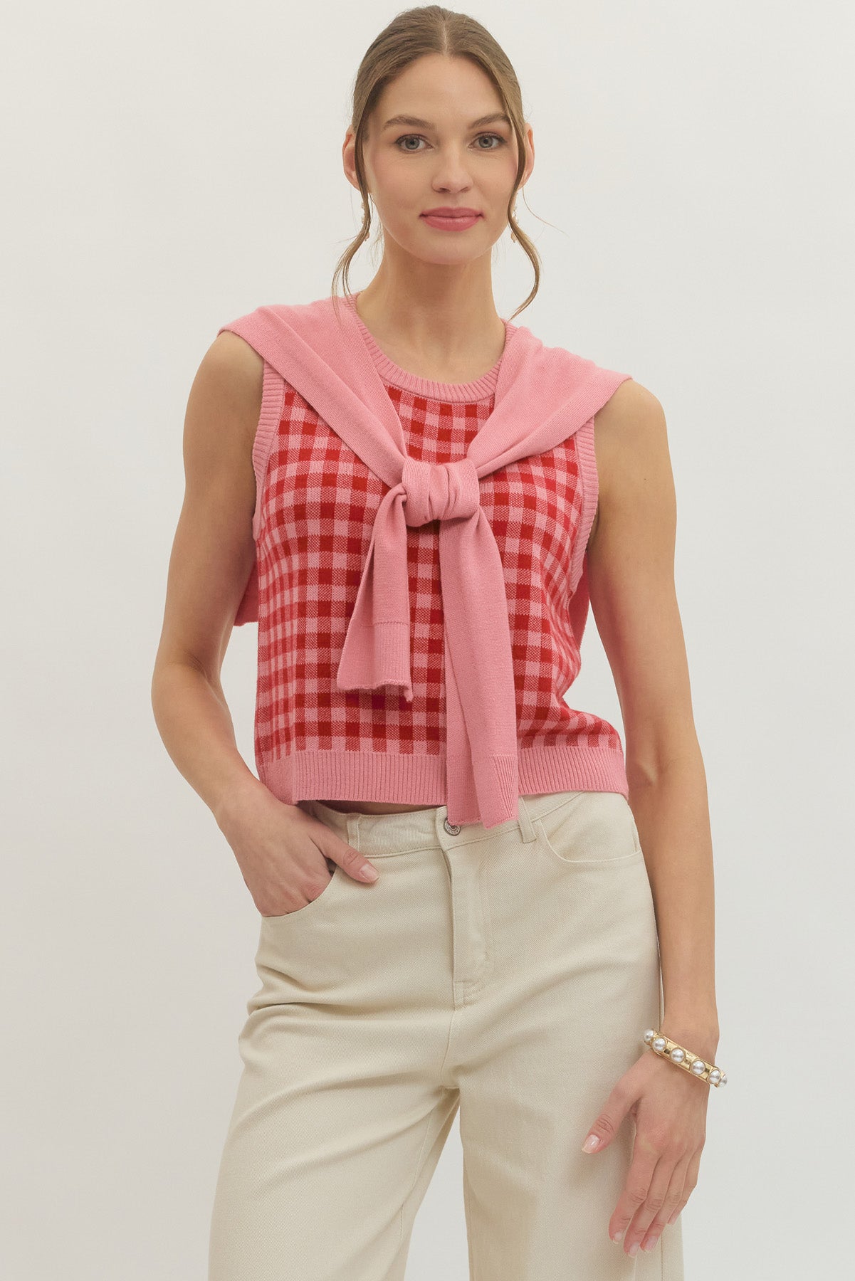 T30745 Sleeveless Check Top with Scarf Detail