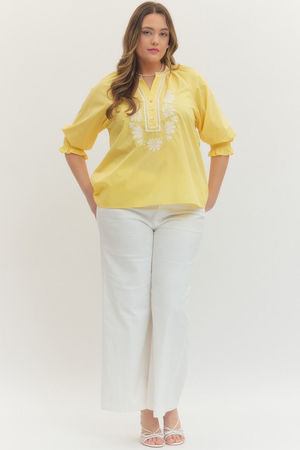 T30286P Curvy Solid Embroidered Top
