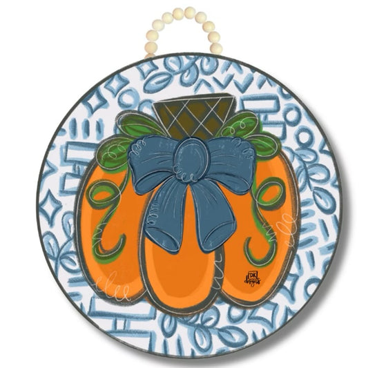 Blue Bow Pumpkin Circle Door Hanger