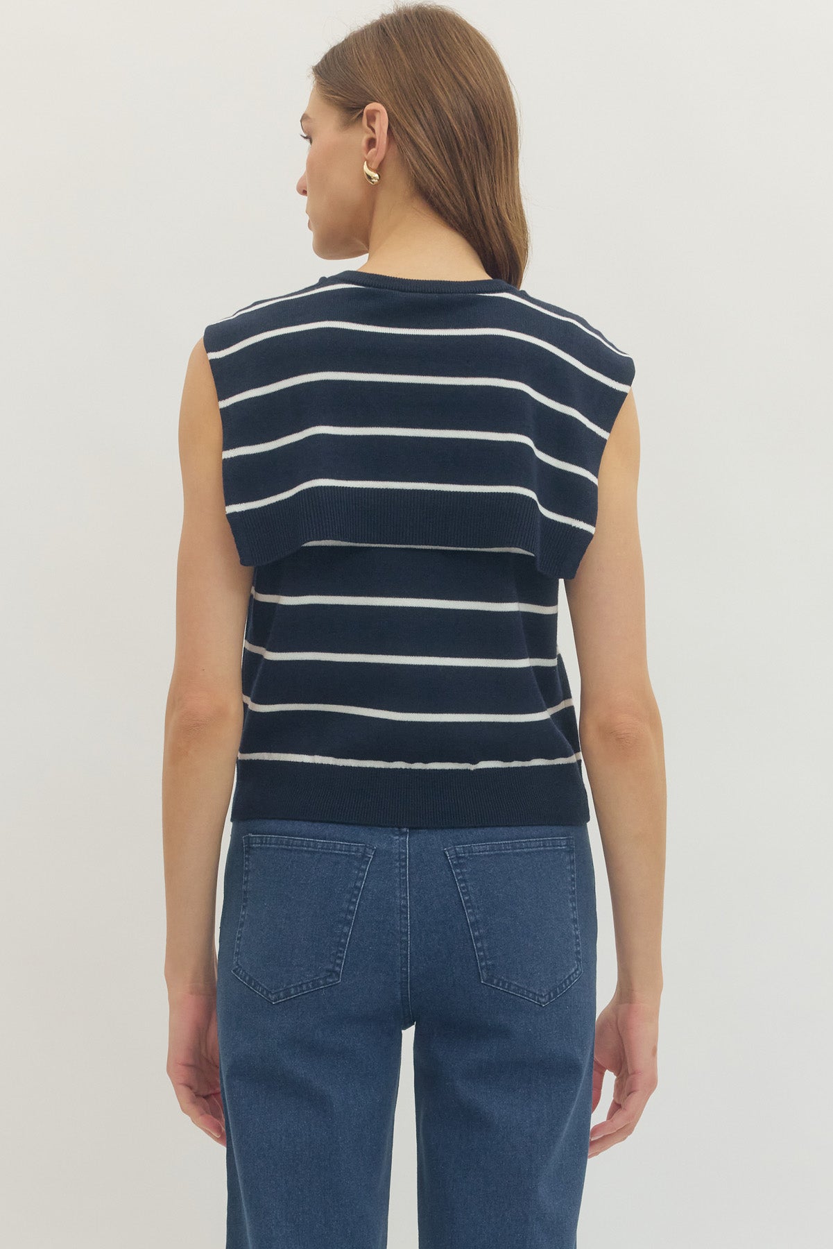 T30711 Sleeveless Stripe Top with Scarf Detail