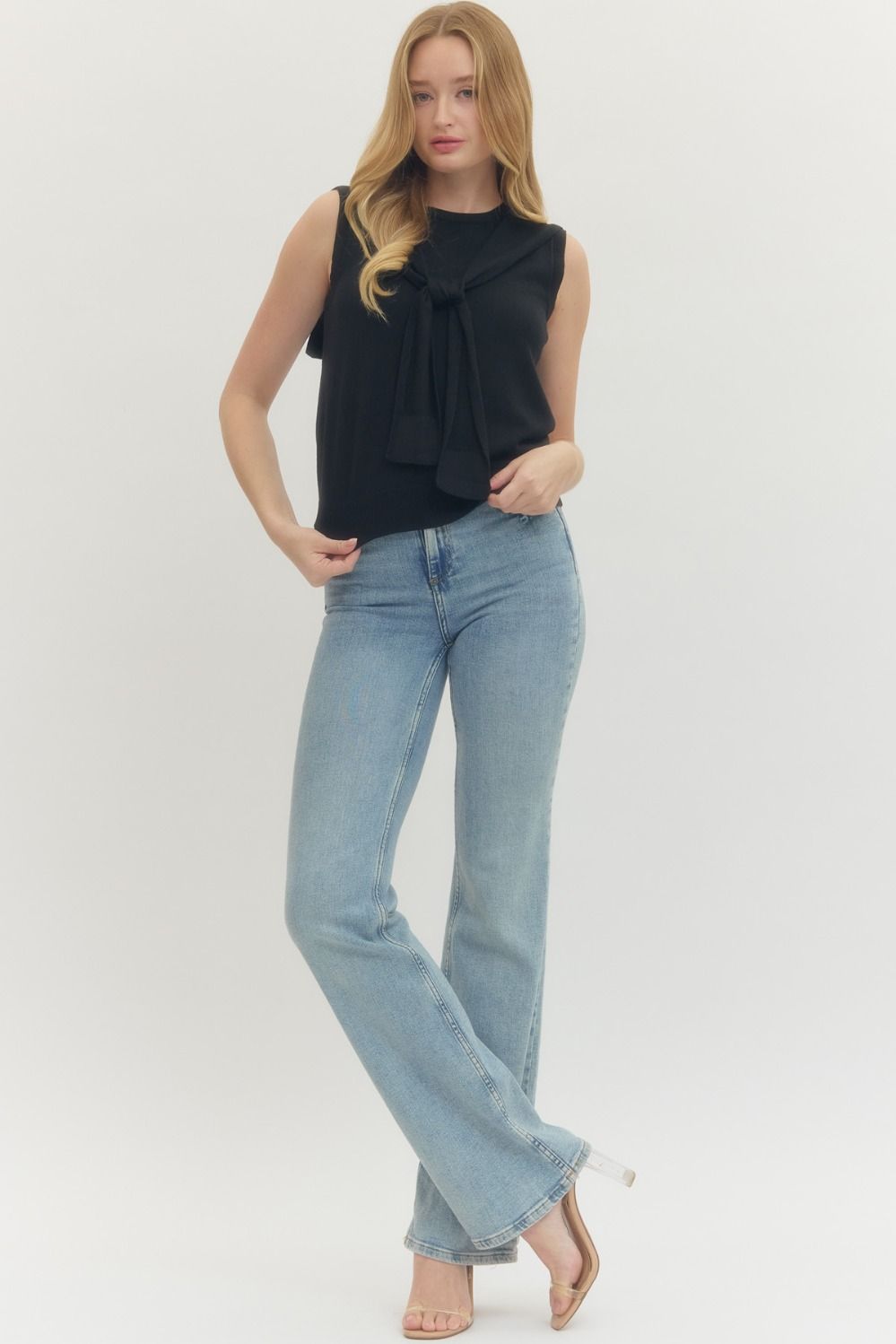 T29421 Solid Scarf Accent Sleeveless Top