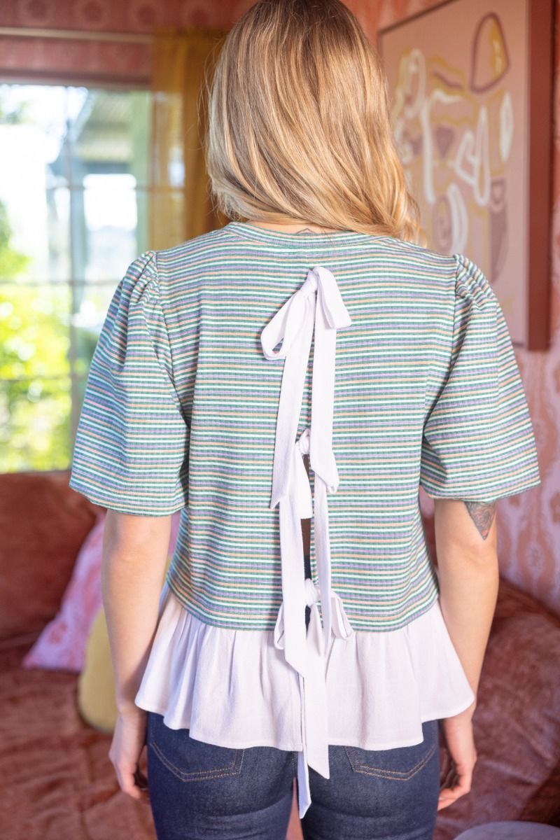 36497 Back Bow Ruffled Hem Striped Top