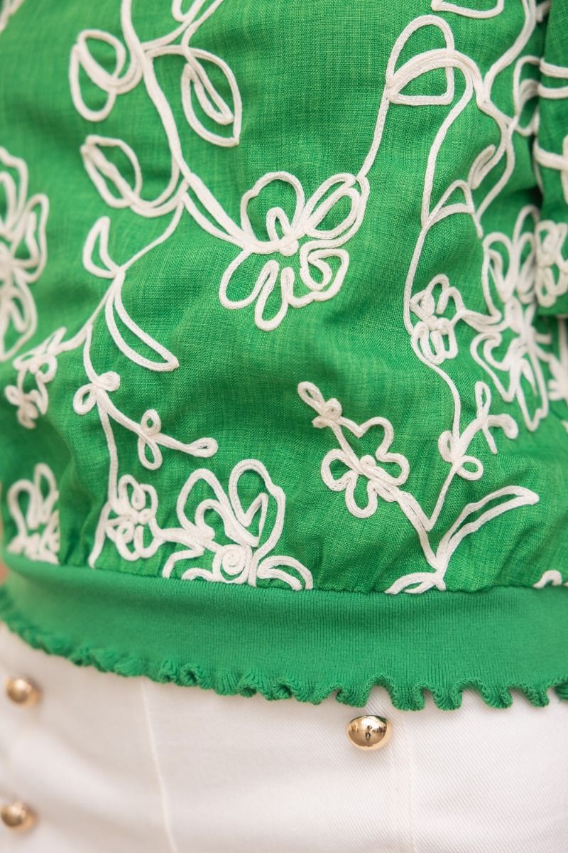 35867 Floral Embroidered Short Bubble Sleeve Top
