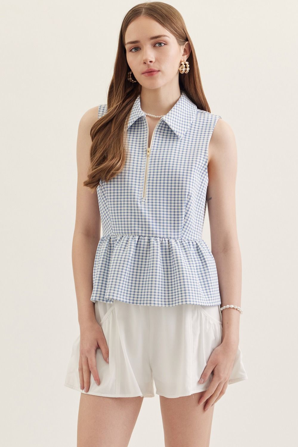 T30068 Gingham Sleeveless Peplum Top