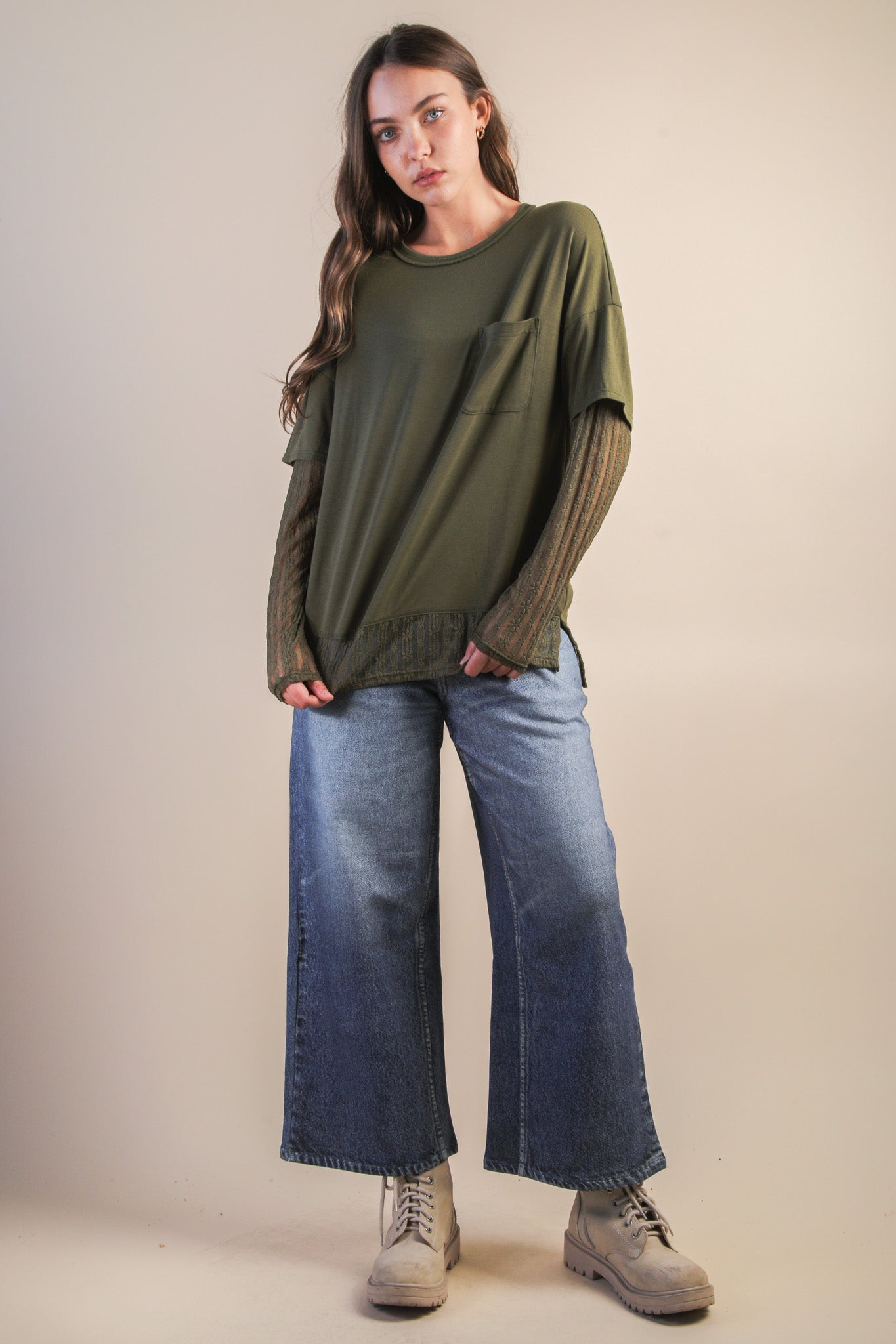 NT12351 Oversized Knit Top with Lace