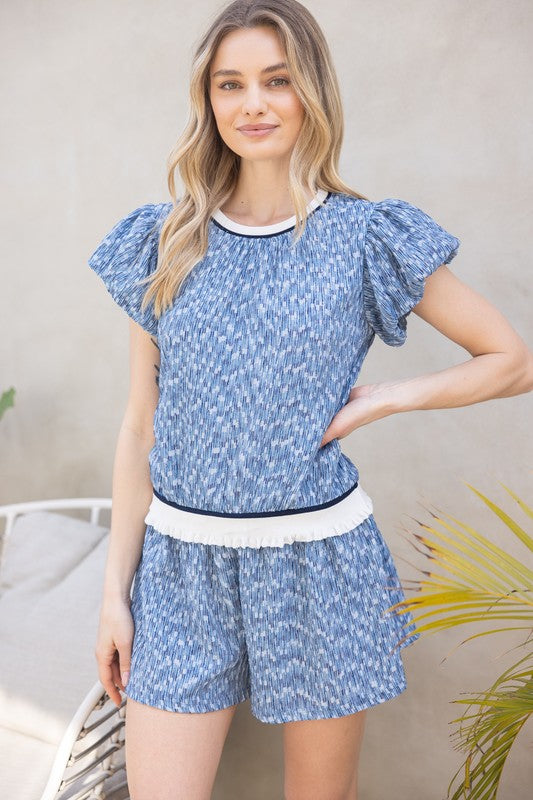 35664 Ruffle Rib Knit Striped Elastic Hem Top
